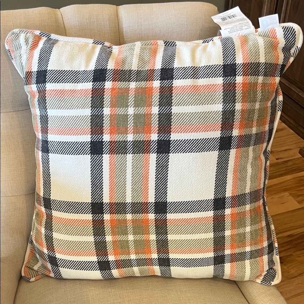 Plaid Throw Pillow - Orange, Black, Green, Cream New